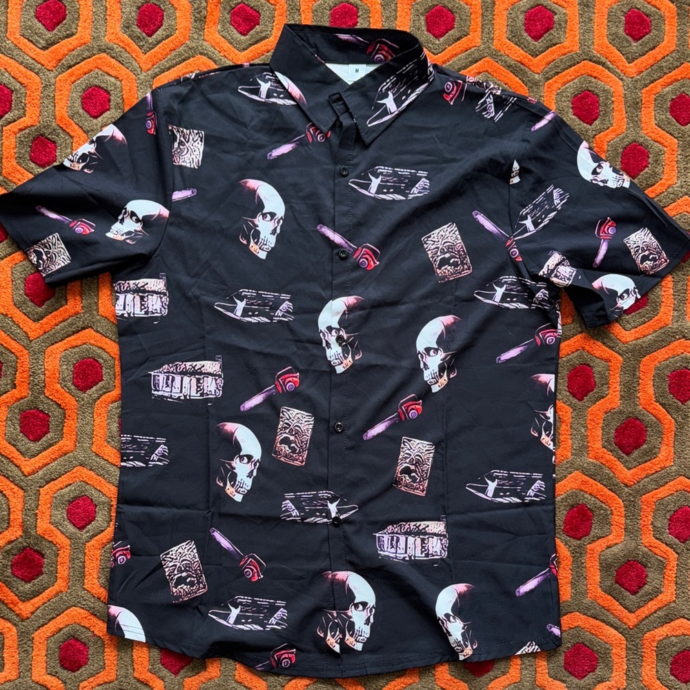 MAKE OFFER! Men''s Evil Dead II 2 Black Graphic Button Down Shirt horror Medium - Picture 1 of 6